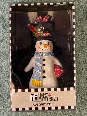 Vintage Mary Engelbreit Snowman Ornament Blue Scarf w/ Original Box